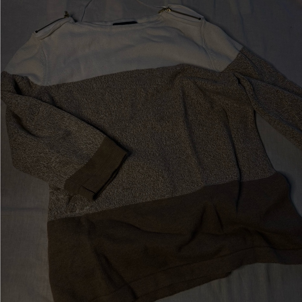 Karen Scott Gray and Brown Sweater with Zipper Accents